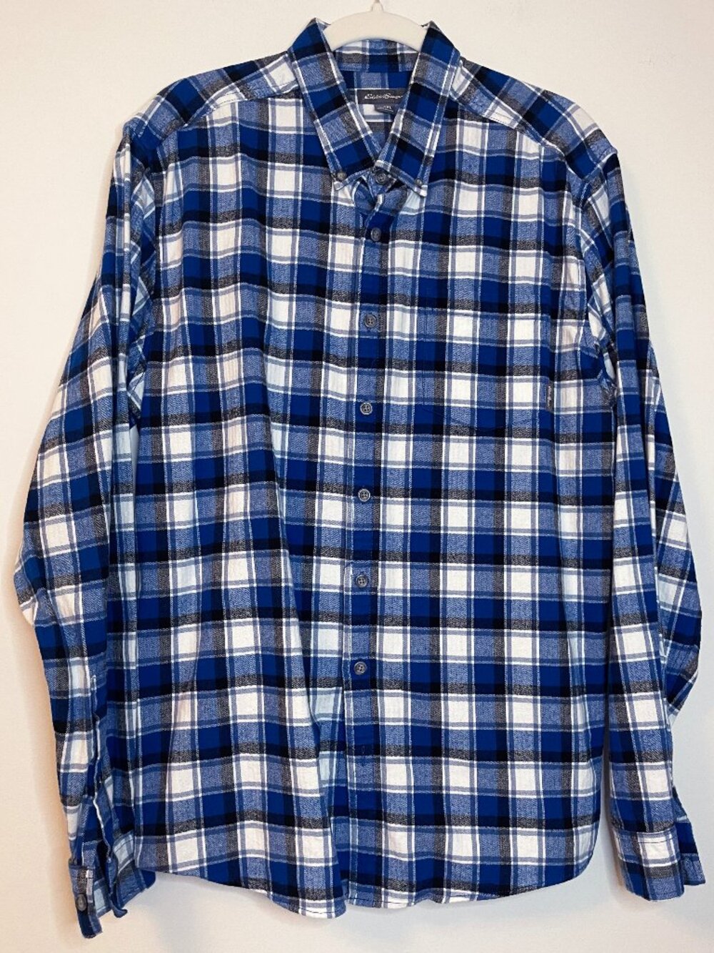 Eddie Bauer Men's TXL Blue Plaid Flannel Button Down Shirt 100% Cotton Tall Camp